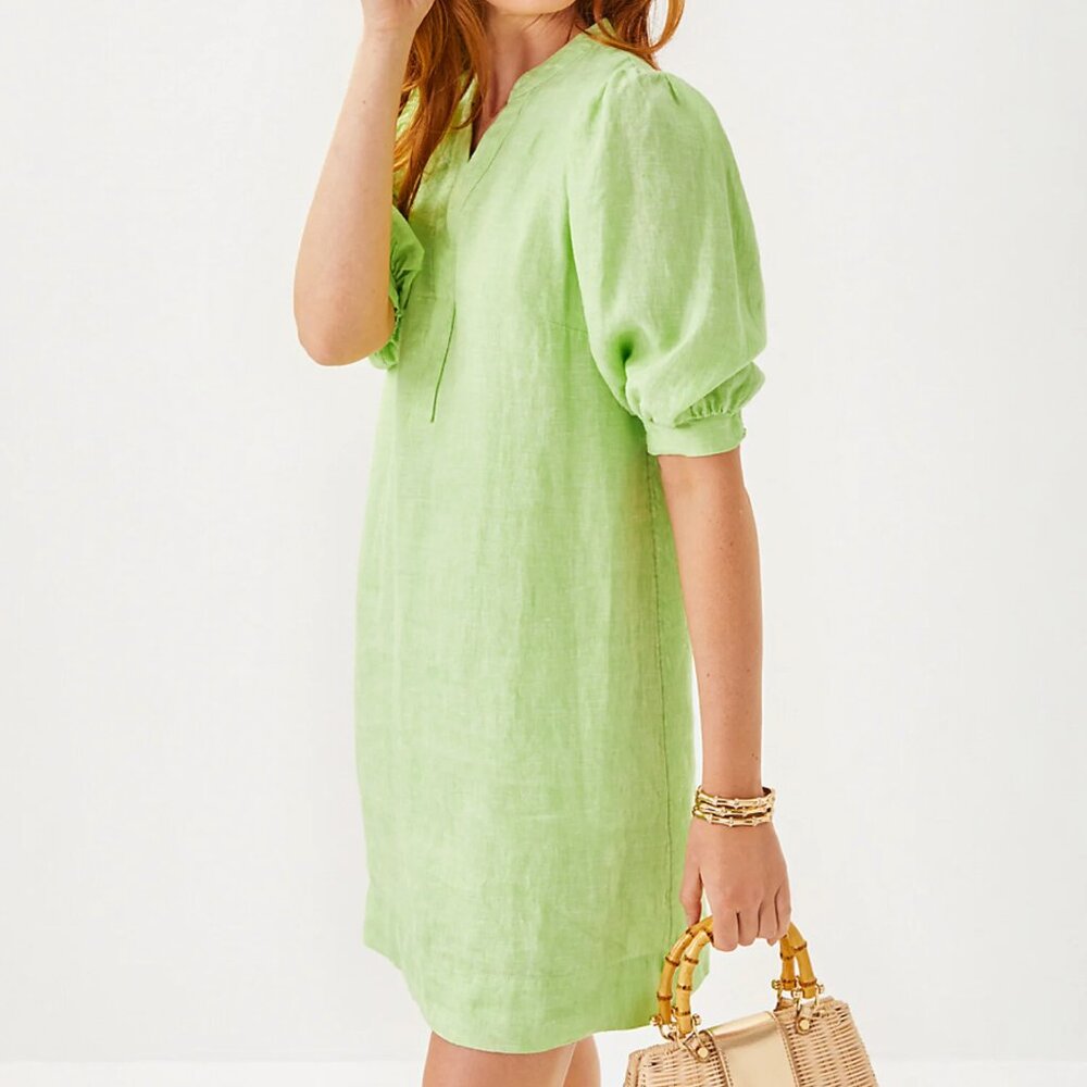 Lilly Pulitzer Mialeigh Elbow Sleeve Linen Shift Dress - 4 - Lagoon Linen green